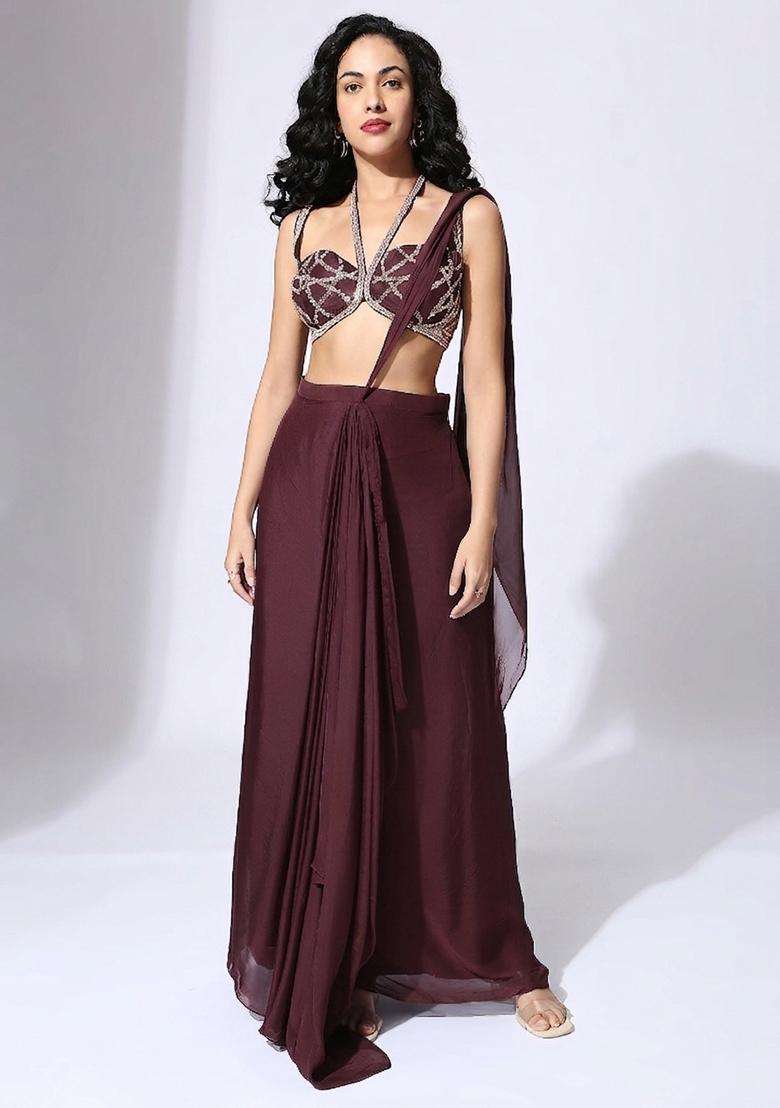 Wine Handwork Pre Draped Saree Set - Indya