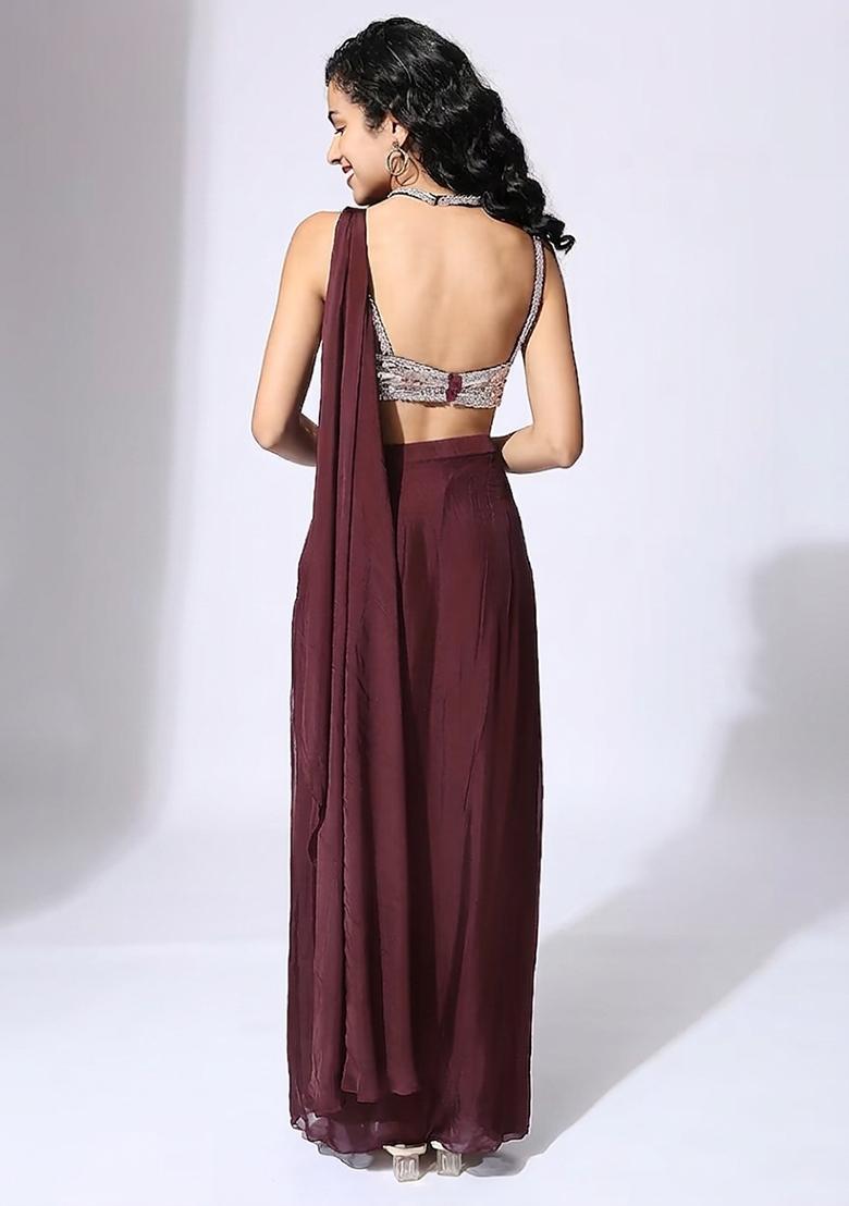 Wine Handwork Pre Draped Saree Set - Indya