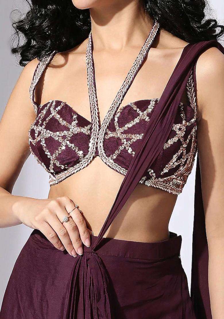 Wine Handwork Pre Draped Saree Set - Indya
