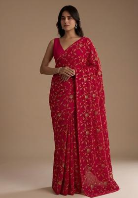 Bright Red Embroidered Crepe Pre Draped Saree Set