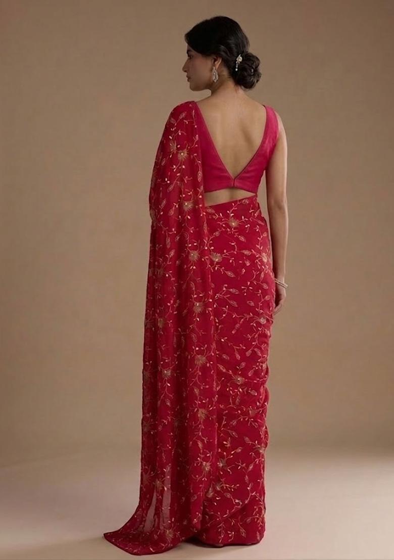Bright Red Embroidered Crepe Pre Draped Saree Set - Indya
