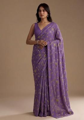 Lavender Embroidered Crepe Pre Draped Saree Set