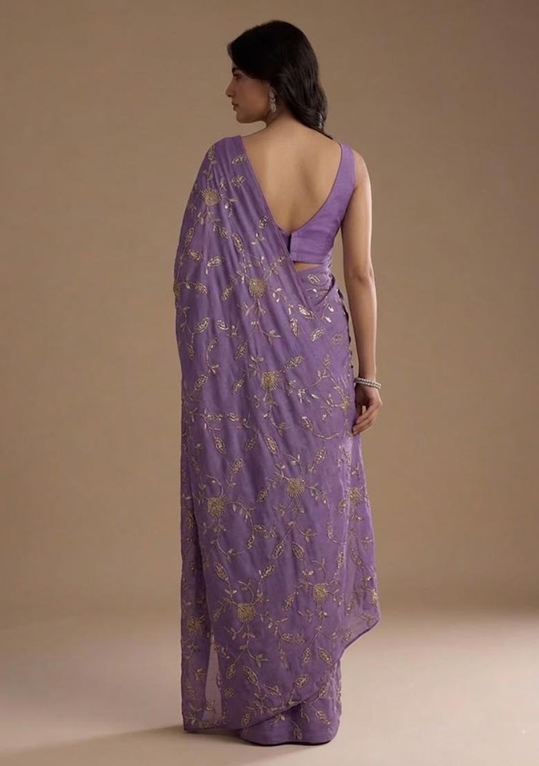 Lavender Embroidered Crepe Pre Draped Saree Set - Indya