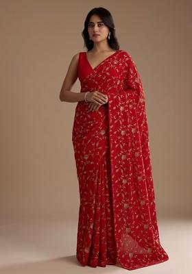Bright Red Embroidered Crepe Pre Draped Saree Set