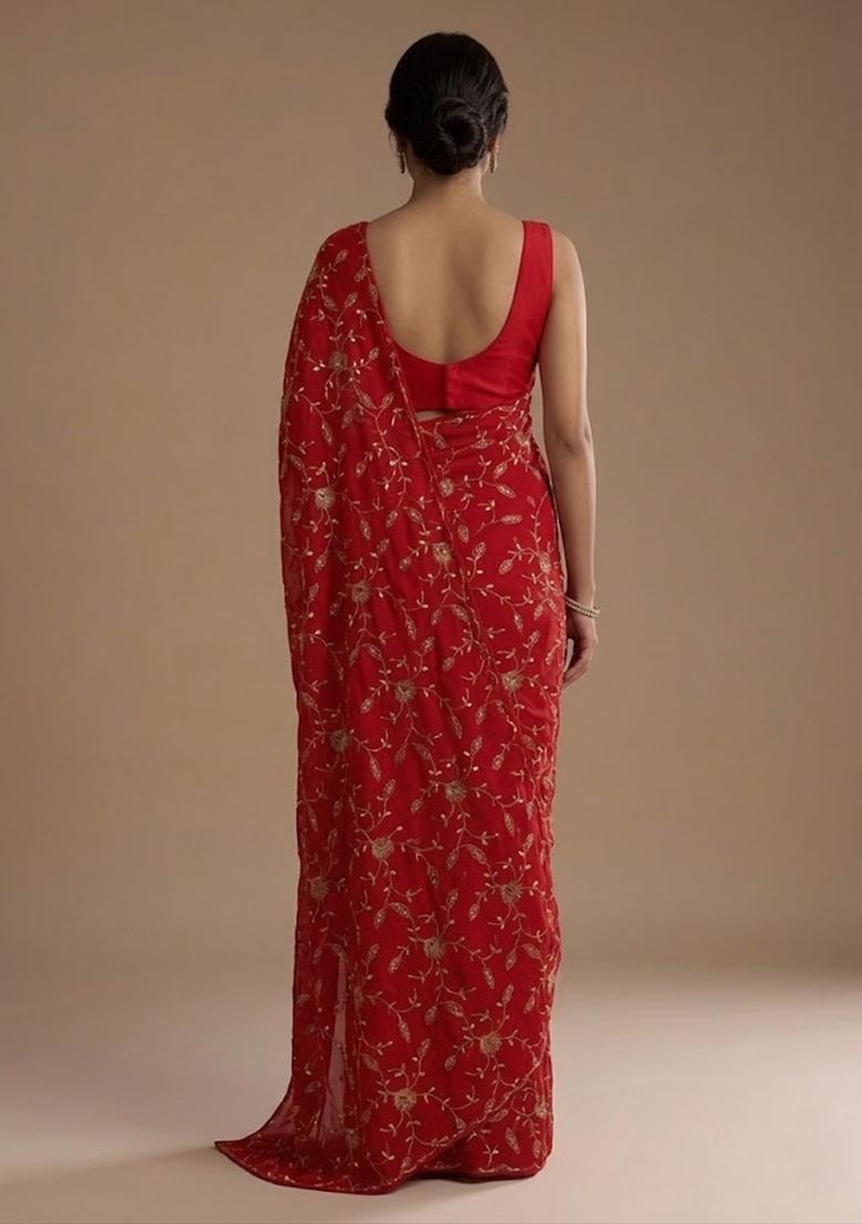 Bright Red Embroidered Crepe Pre Draped Saree Set - Indya