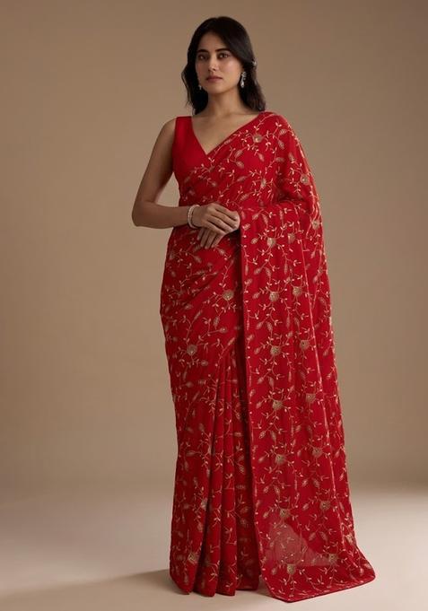 Crimson Red Embroidery Crepe Pre Draped Saree Set