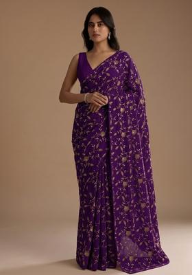 Royal Purple Embroidered Crepe Pre Draped Saree Set