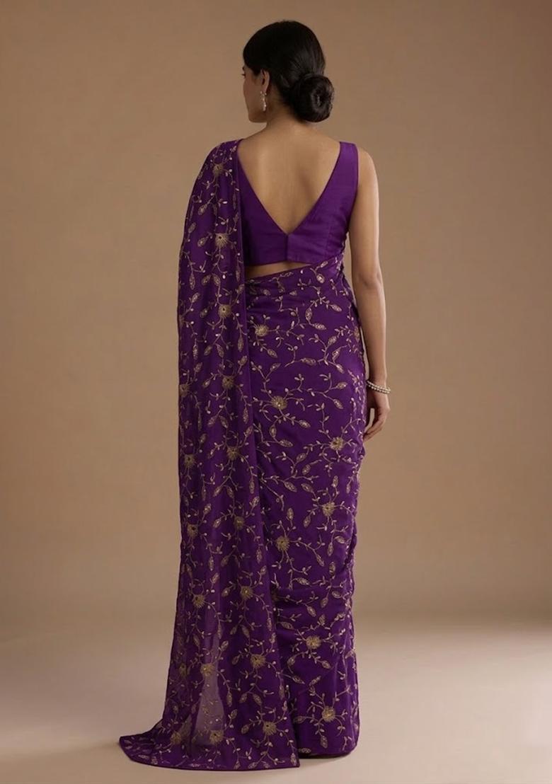 Royal Purple Embroidered Crepe Pre Draped Saree Set - Indya