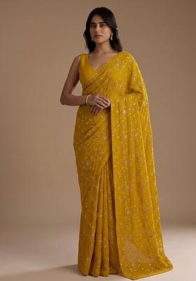 Mustard Yellow Embroidered Crepe Pre Draped Saree Set