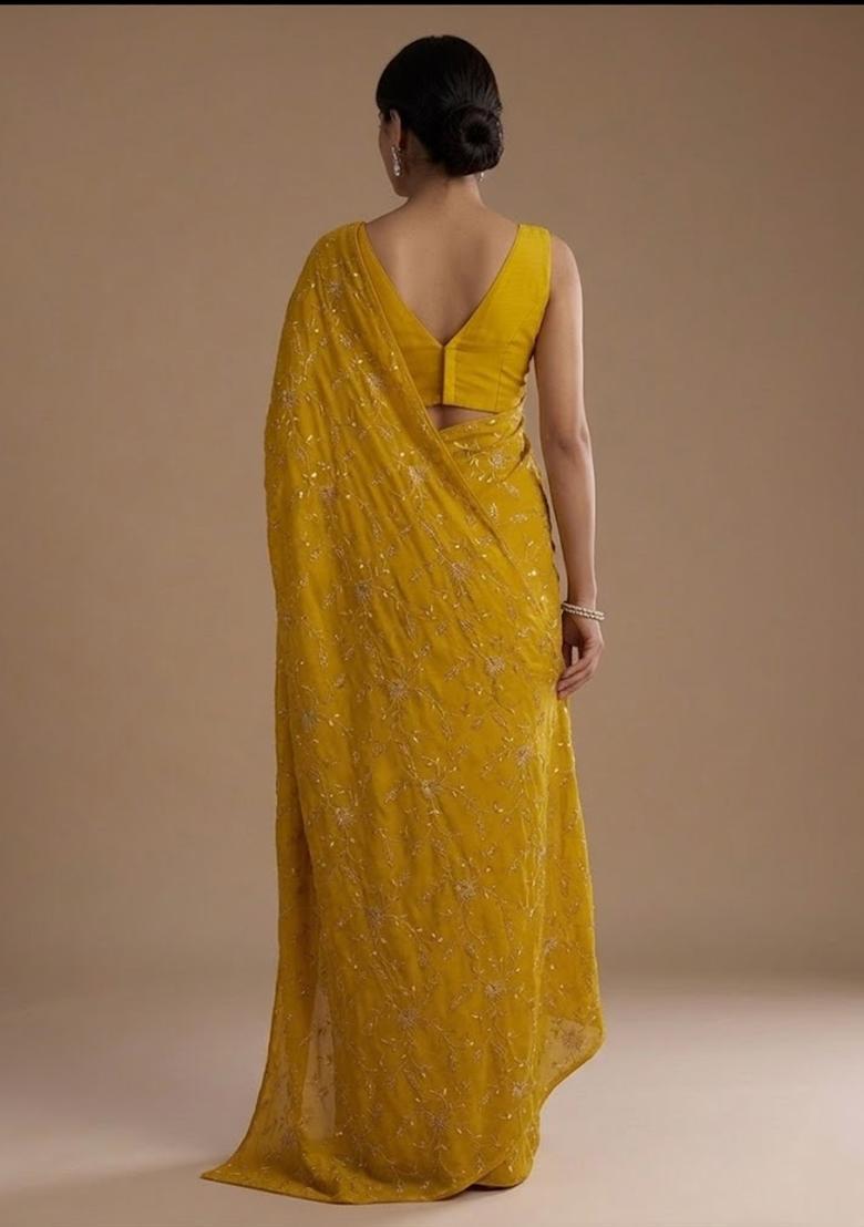 Mustard Yellow Embroidered Crepe Pre Draped Saree Set - Indya