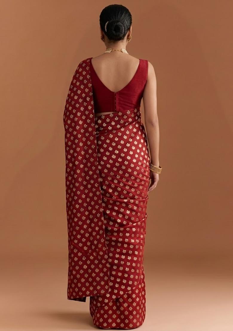 Maroon Jacquard Silk Pre Draped Saree Set - Indya