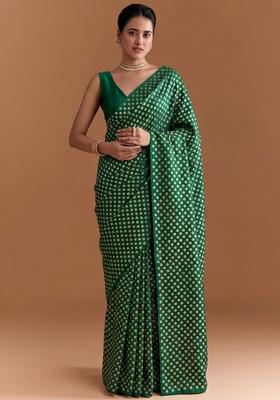 Emerald Green Jacquard Silk Pre Draped Saree Set