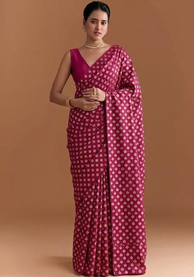 Magenta Pink Jacquard Silk Pre Draped Saree Set
