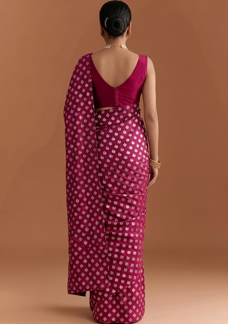 Magenta Pink Jacquard Silk Pre Draped Saree Set - Indya