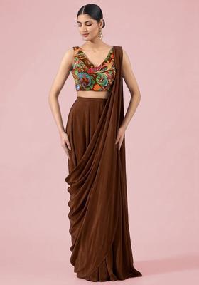 Chocolate Brown Printed Crepe Pre Draped Saree Set