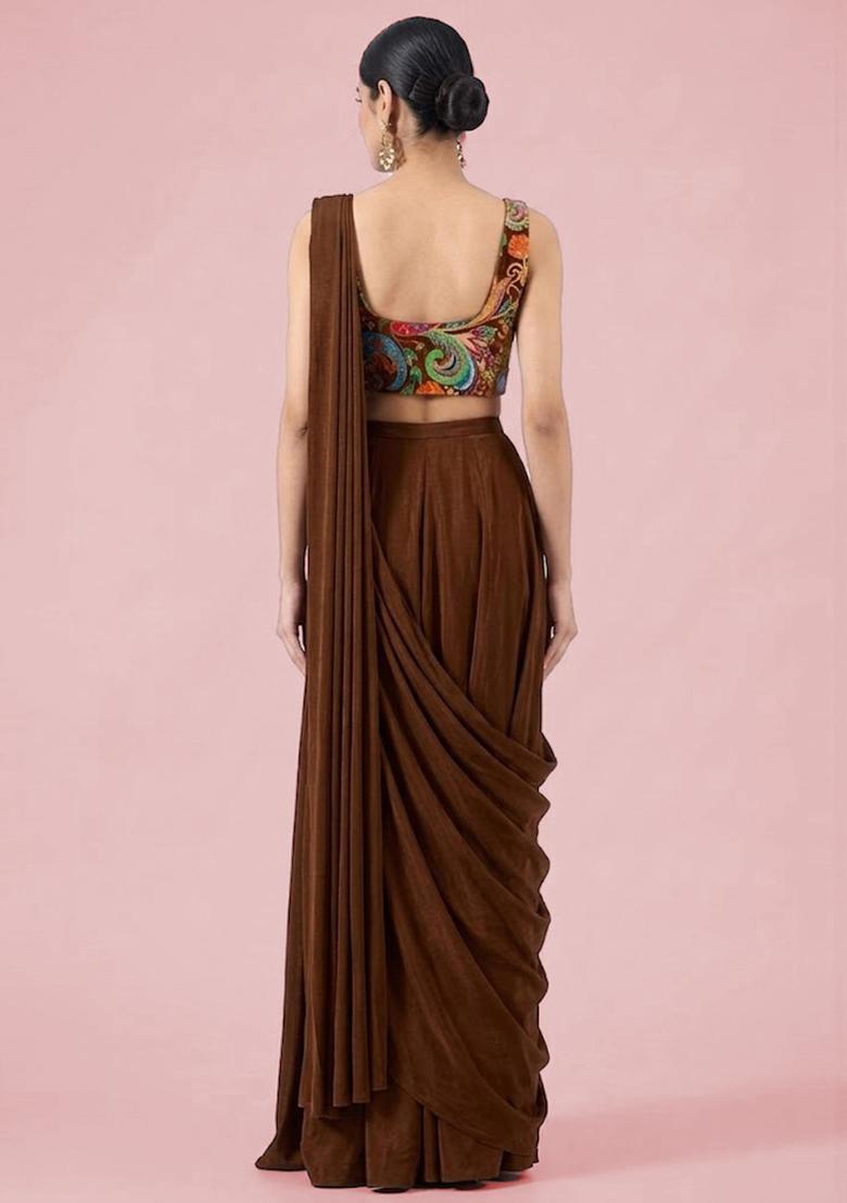 Chocolate Brown Printed Crepe Pre Draped Saree Set - Indya