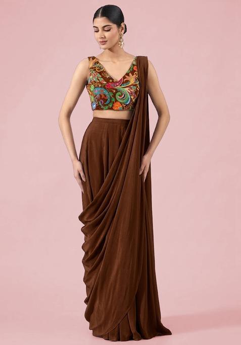 Chocolate Position print Crepe Pre Draped Saree Set