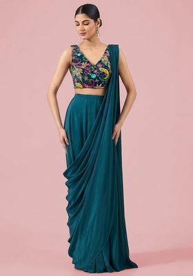 Teal Green Printed Crepe Pre Draped Saree Set
