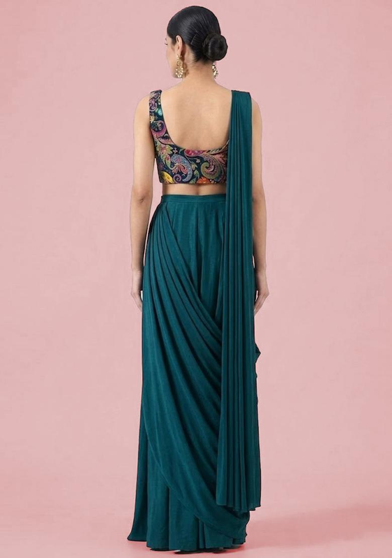 Teal Green Printed Crepe Pre Draped Saree Set - Indya