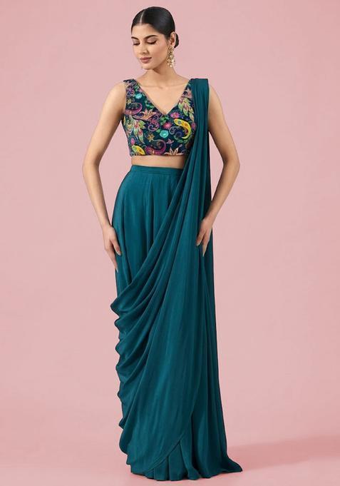 Chocolate Position print Crepe Pre Draped Saree Set