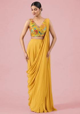 Mustard Yellow Printed Crepe Pre Draped Saree Set