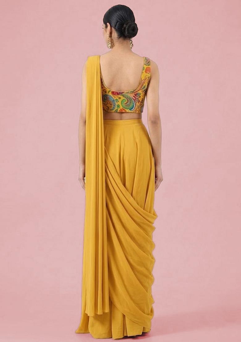 Mustard Yellow Printed Crepe Pre Draped Saree Set - Indya