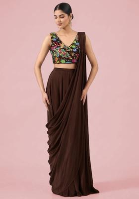 Dark Brown Printed Crepe Pre Draped Saree Set