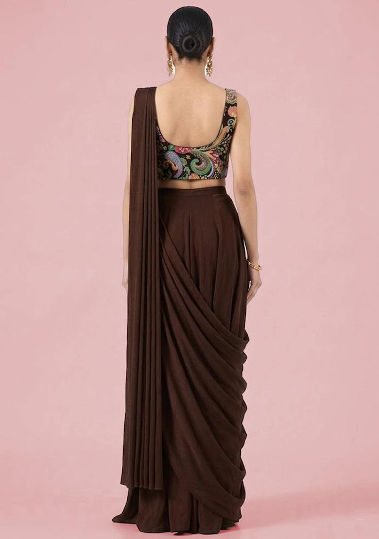 Dark Brown Printed Crepe Pre Draped Saree Set - Indya