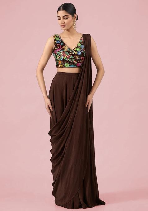 Chocolate Position print Crepe Pre Draped Saree Set