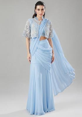 Powder Blue Handwork Pre Draped Saree Set