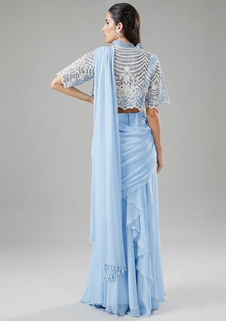 Powder Blue Handwork Pre Draped Saree Set - Indya