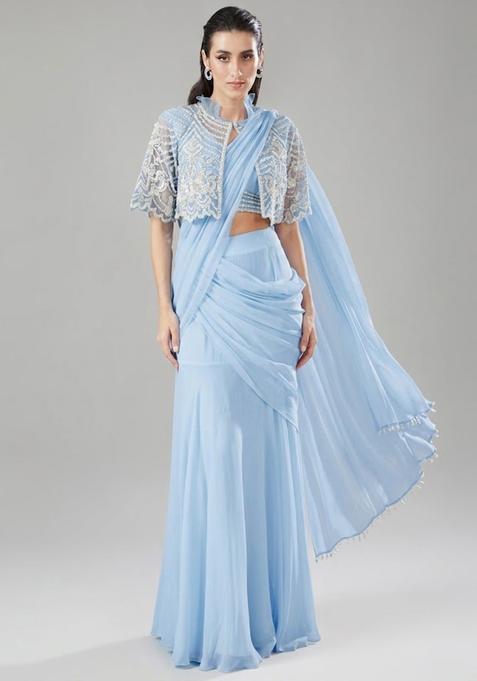 Powder Blue Embroidered Handwork Fusion Set