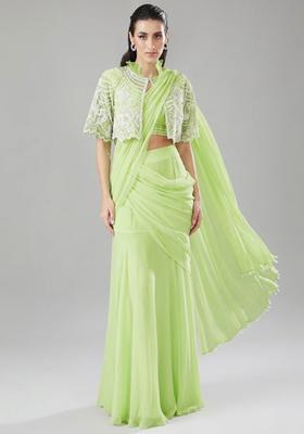 Lime Green Handwork Pre Draped Saree Set