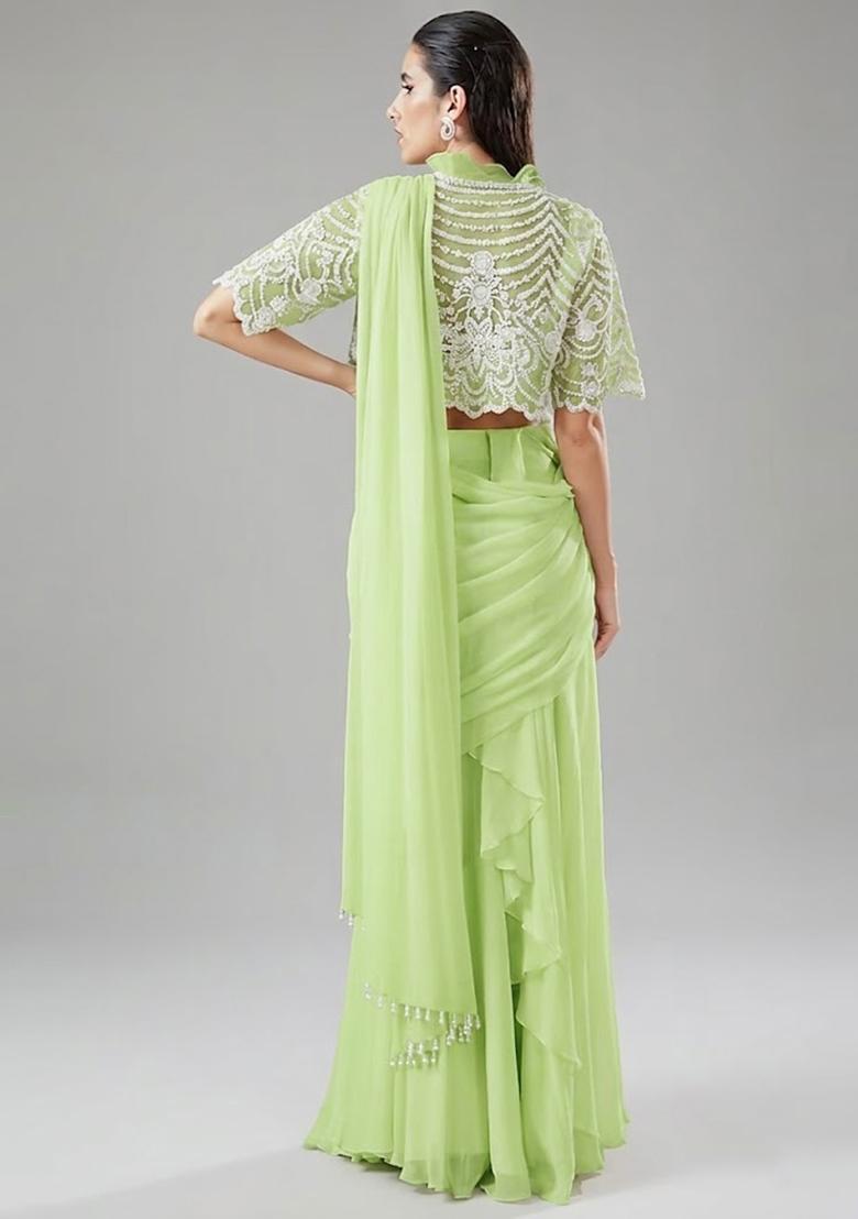 Lime Green Handwork Pre Draped Saree Set - Indya