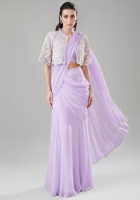 Lavender Handwork Pre Draped Saree Set