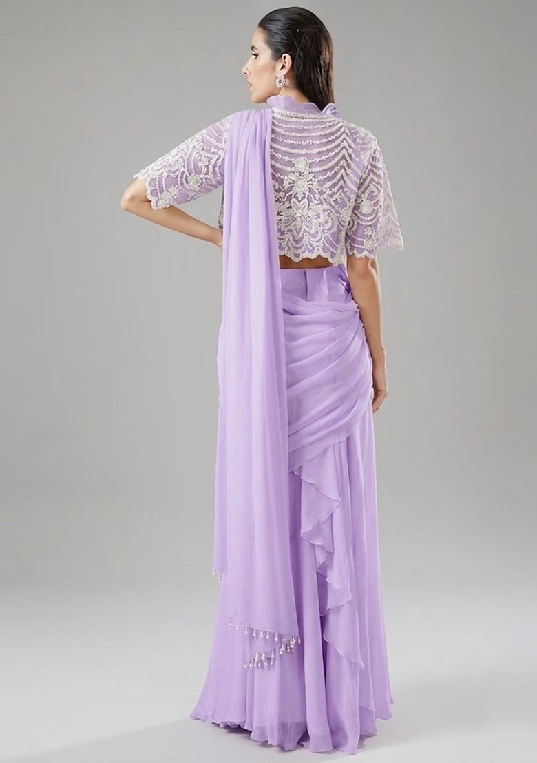 Lavender Handwork Pre Draped Saree Set - Indya