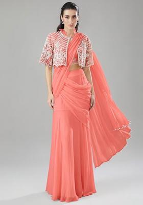 Peach Handwork Pre Draped Saree Set