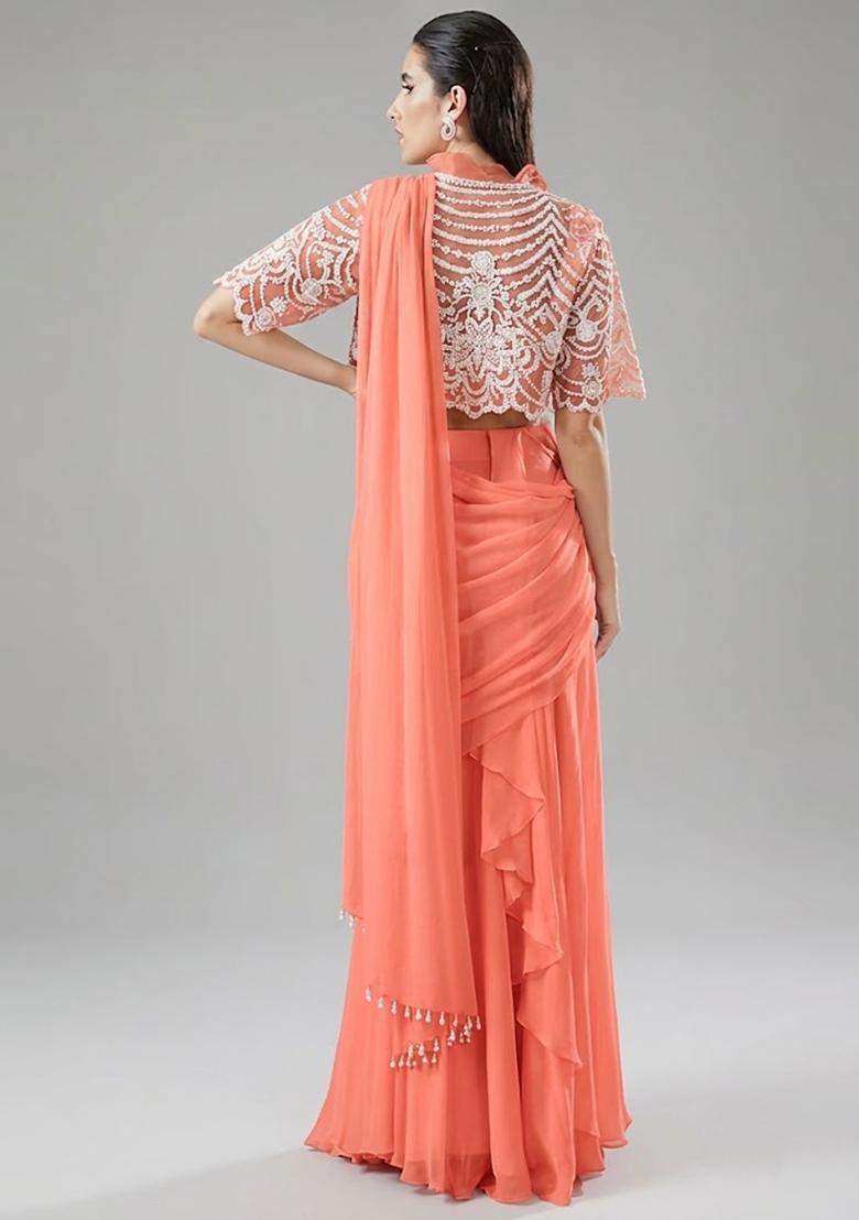 Peach Handwork Pre Draped Saree Set - Indya