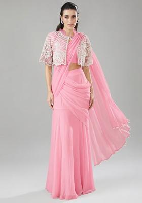 Baby Pink Handwork Pre Draped Saree Set