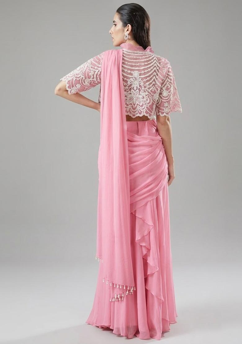 Baby Pink Handwork Pre Draped Saree Set - Indya