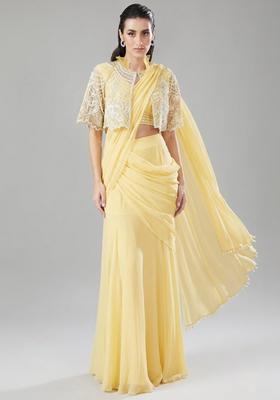 Pastel Yellow Handwork Pre Draped Saree Set