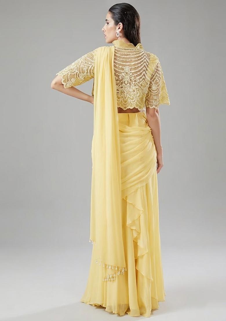 Pastel Yellow Handwork Pre Draped Saree Set - Indya