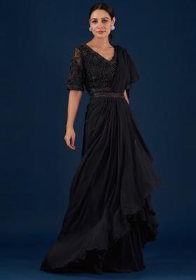 Jet Black Handwork Pre Draped Saree Set