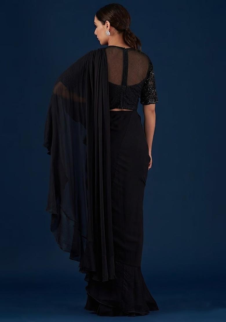 Jet Black Handwork Pre Draped Saree Set - Indya
