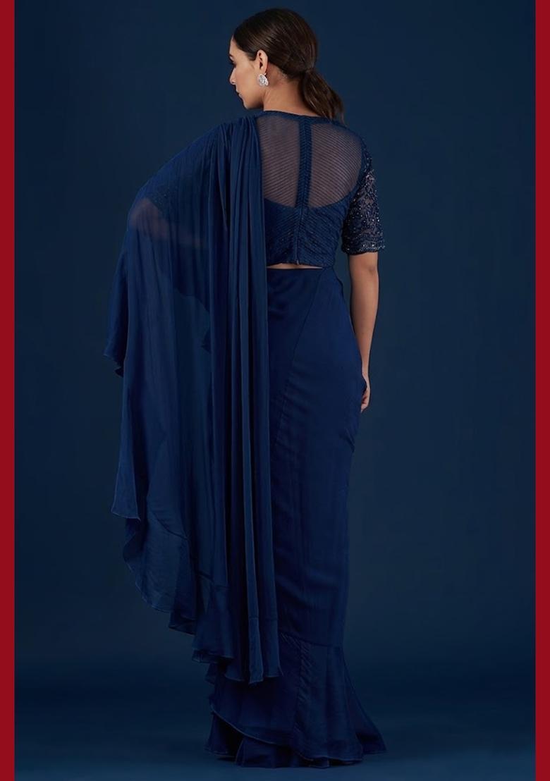 Navy Blue Handwork Pre Draped Saree Set - Indya