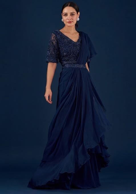 Navy Blue Embroidered Handwork Pre Draped Saree Set