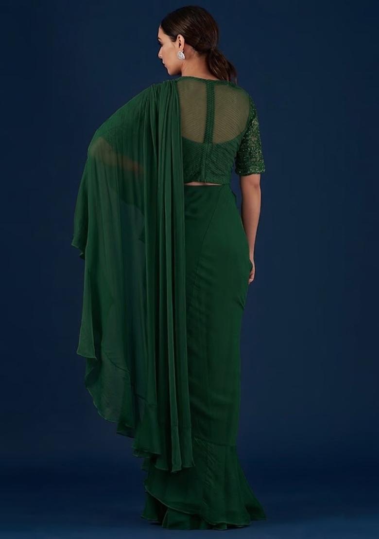 Bottle Green Handwork Pre Draped Saree Set - Indya
