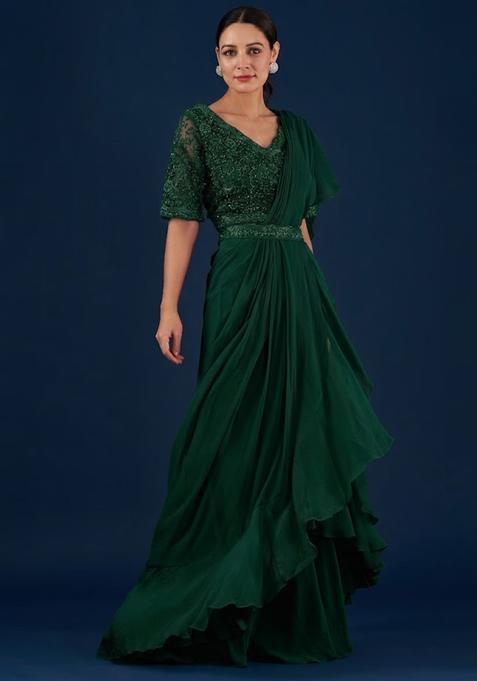 Green Embroidered Handwork Pre Draped Saree Set