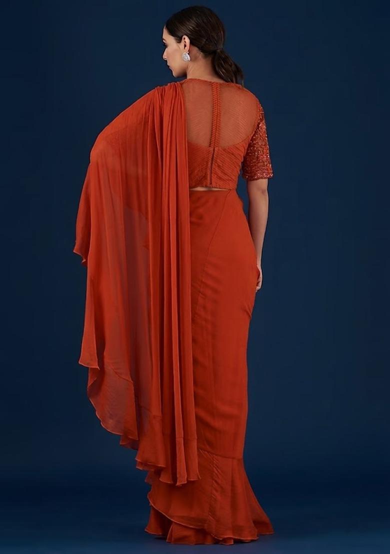 Orange Handwork Pre Draped Saree Set - Indya