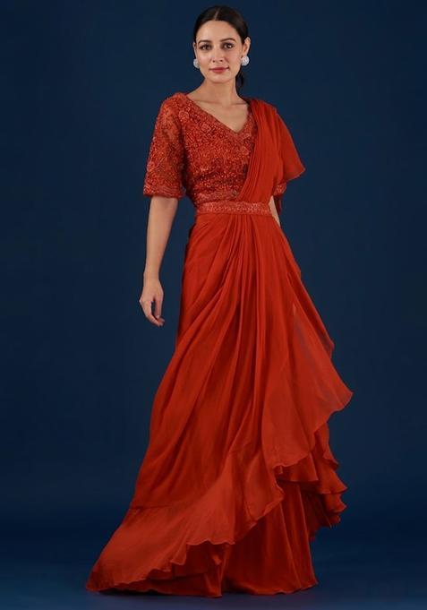 Orange Embroidered Handwork Pre Draped Saree Set